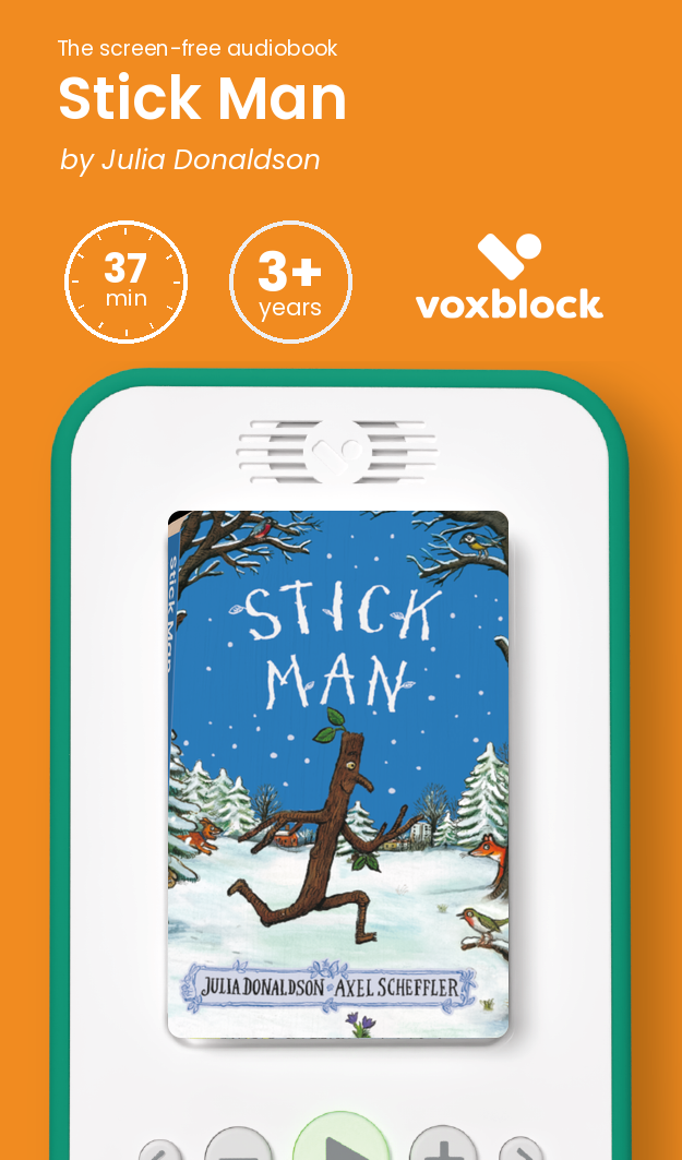 Stick Man audiobook in a Voxblock player, with running time and age guidance