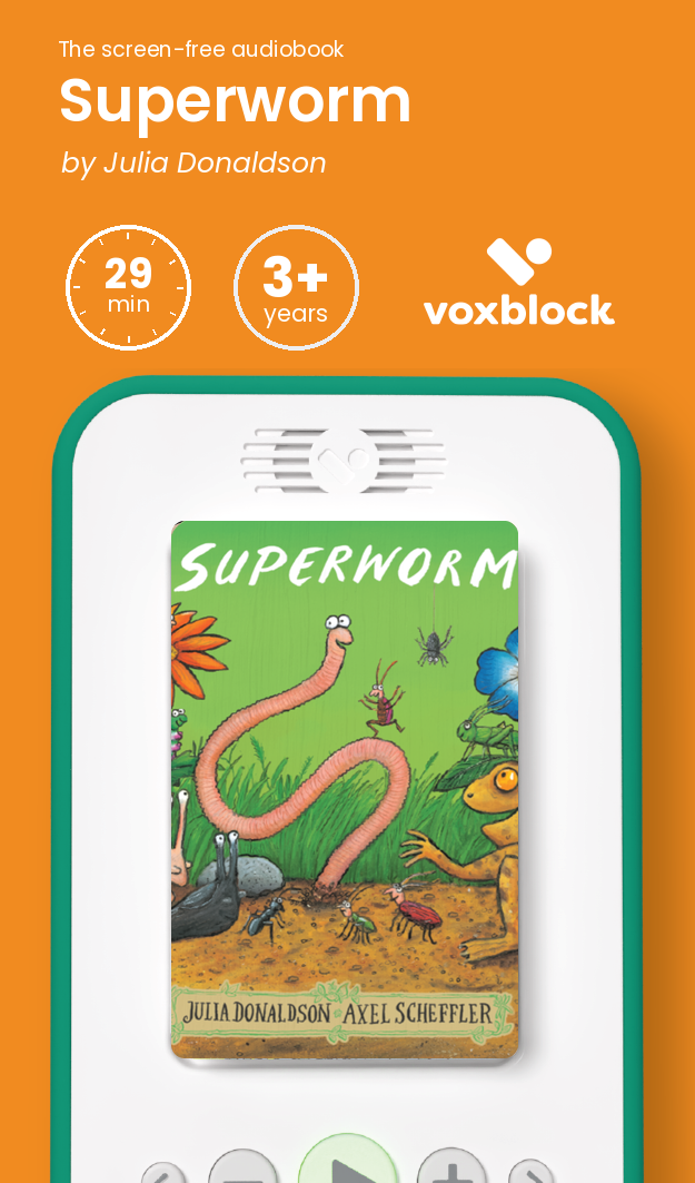 Superworm audiobook in a Voxblock player, with running time and age guidance