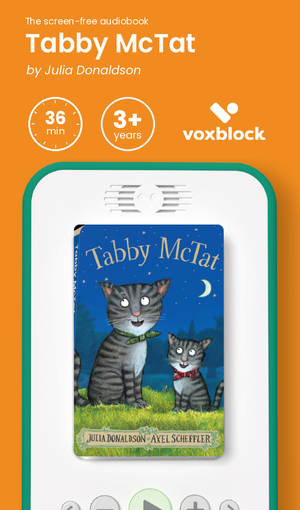 Tabby McTat audiobook in a Voxblock player, with running time and age guidance
