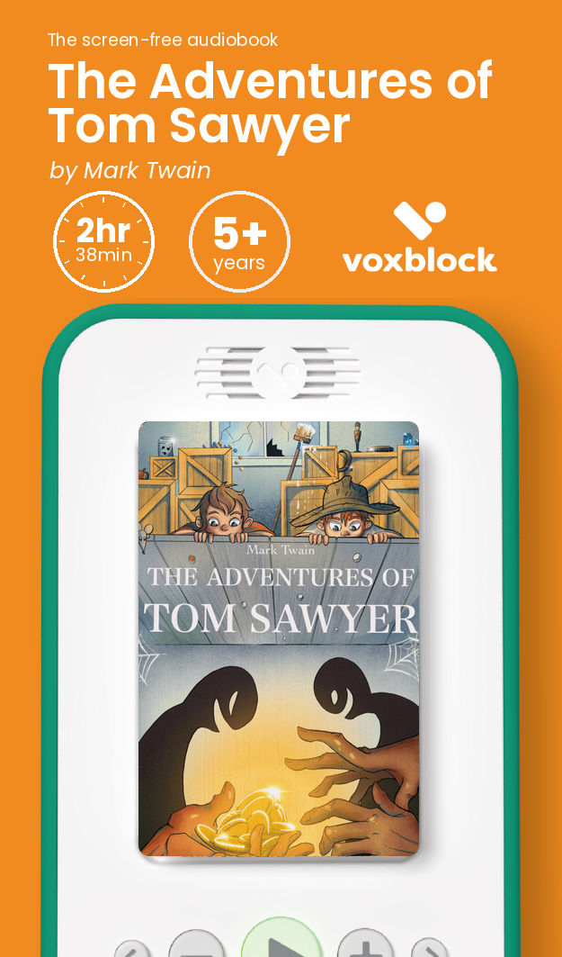 The Adventures of Tom Sawyer audiobook in a Voxblock player, with running time and age guidance