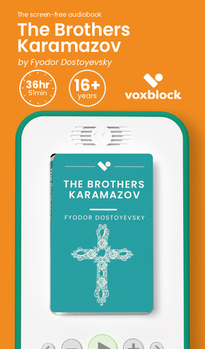 The Brothers Karamazov audiobook in a Voxblock player, with running time and age guidance