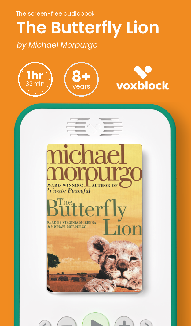 The Butterfly Lion audiobook in a Voxblock player, with running time and age guidance