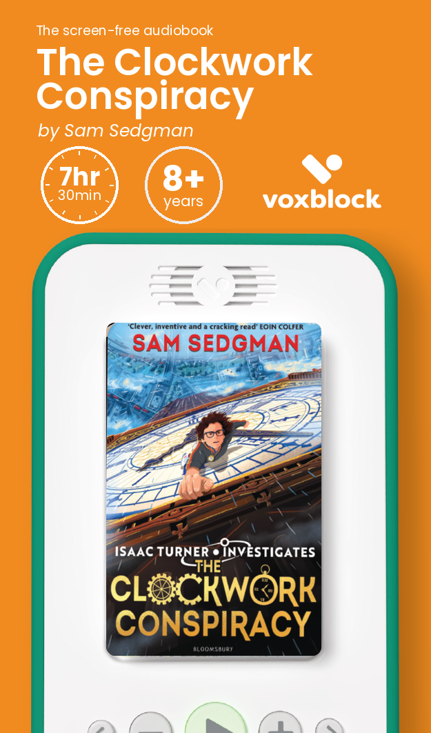 The Clockwork Conspiracy audiobook in a Voxblock player, with running time and age guidance