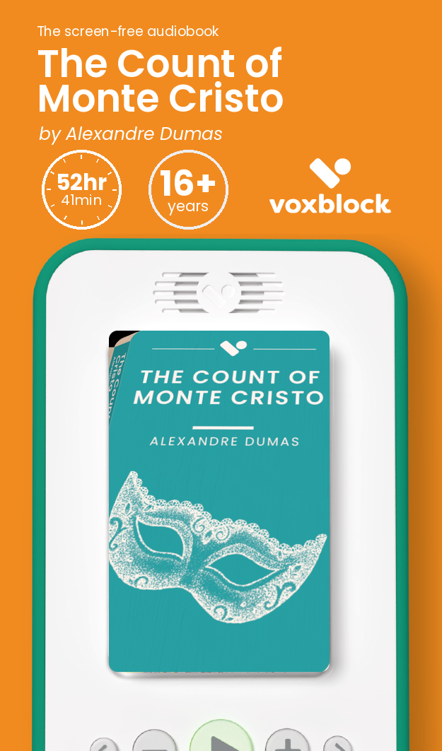 The Count of Monte Cristo audiobook in a Voxblock player, with running time and age guidance