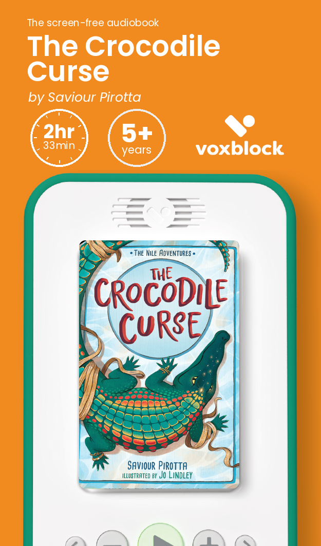 The Crocodile Curse audiobook in a Voxblock player, with running time and age guidance