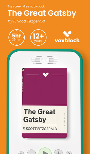 The Great Gatsby audiobook in a Voxblock player, with running time and age guidance