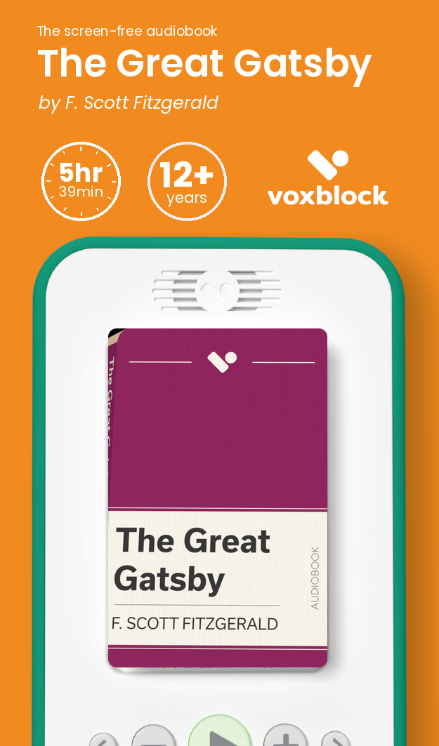 The Great Gatsby audiobook in a Voxblock player, with running time and age guidance