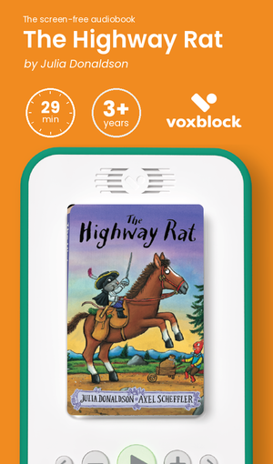 The Highway Rat audiobook in a Voxblock player, with running time and age guidance