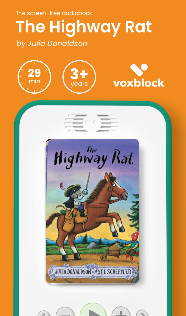 The Highway Rat audiobook in a Voxblock player, with running time and age guidance