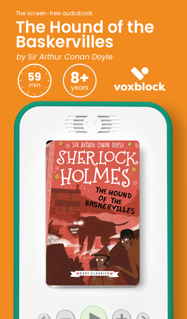 The Hound of the Baskervilles audiobook in a Voxblock player, with running time and age guidance