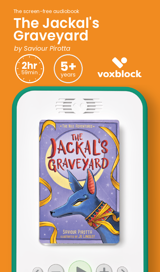 The Jackal's Graveyard audiobook in a Voxblock player, with running time and age guidance