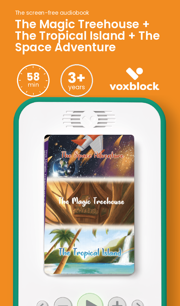 The Magic Treehouse + The Tropical Island + The Space Adventure audiobook in a Voxblock player, with running time and age guidance