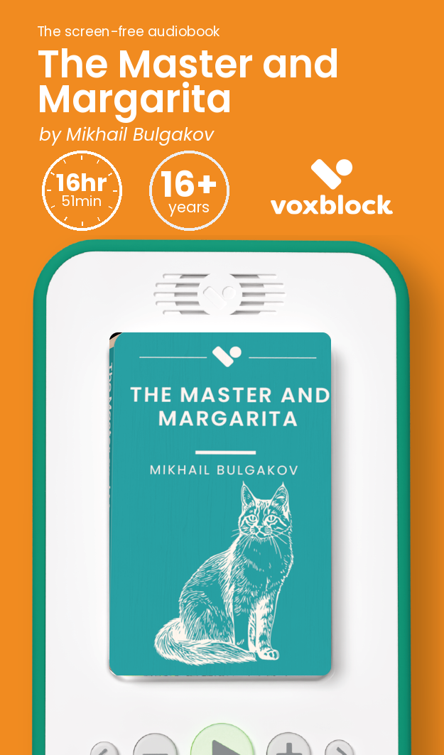 The Master and Margarita audiobook in a Voxblock player, with running time and age guidance