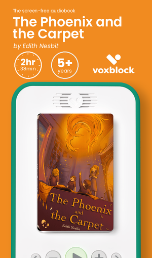 The Phoenix and the Carpet audiobook in a Voxblock player, with running time and age guidance