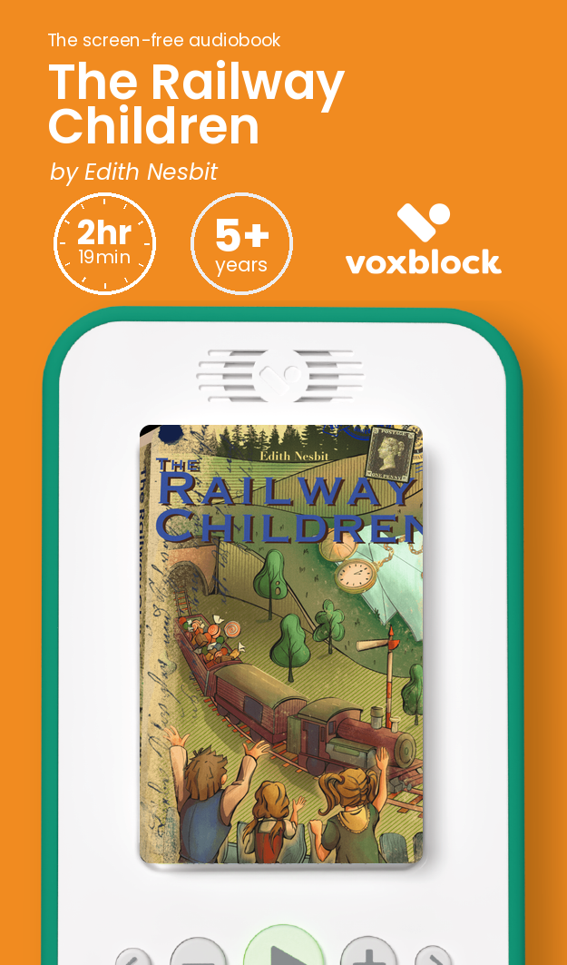 The Railway Children audiobook in a Voxblock player, with running time and age guidance
