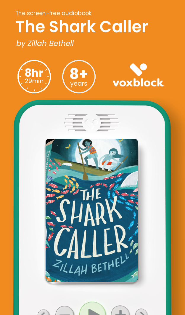 The Shark Caller audiobook in a Voxblock player, with running time and age guidance