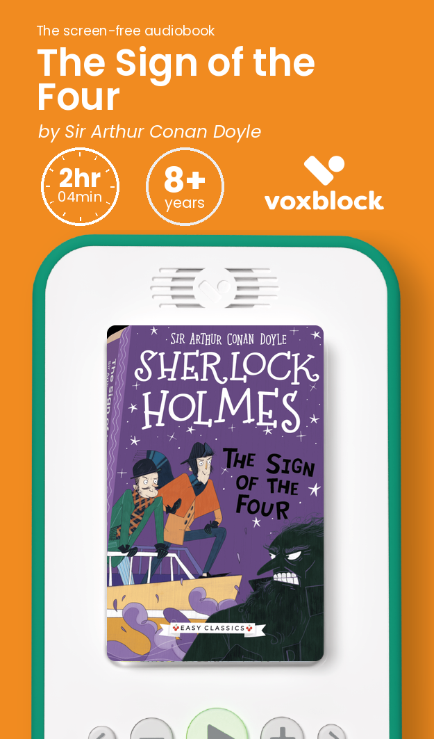 The Sign of the Four audiobook in a Voxblock player, with running time and age guidance