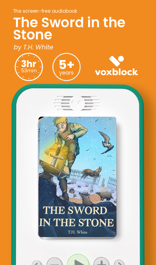 The Sword in the Stone audiobook in a Voxblock player, with running time and age guidance