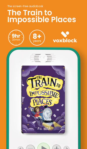 The Train to Impossible Places audiobook in a Voxblock player, with running time and age guidance