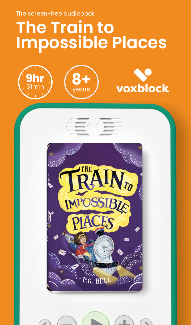 The Train to Impossible Places audiobook in a Voxblock player, with running time and age guidance