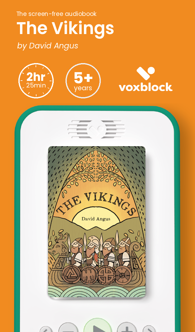 The Vikings audiobook in a Voxblock player, with running time and age guidance