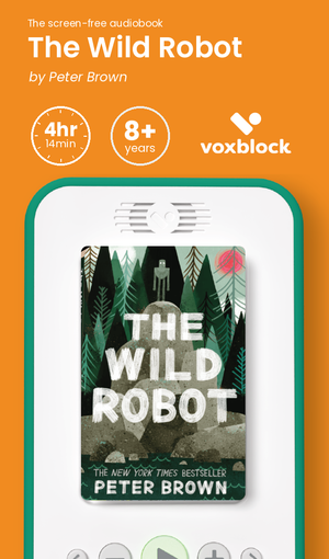 The Wild Robot audiobook in a Voxblock player, with running time and age guidance
