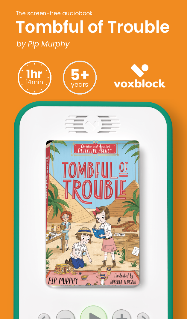 Tombful of Trouble audiobook in a Voxblock player, with running time and age guidance