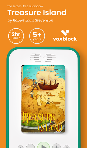Treasure Island audiobook in a Voxblock player, with running time and age guidance