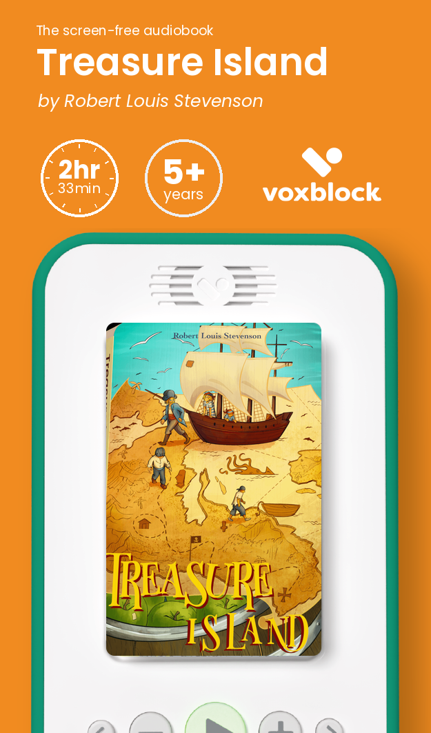 Treasure Island audiobook in a Voxblock player, with running time and age guidance