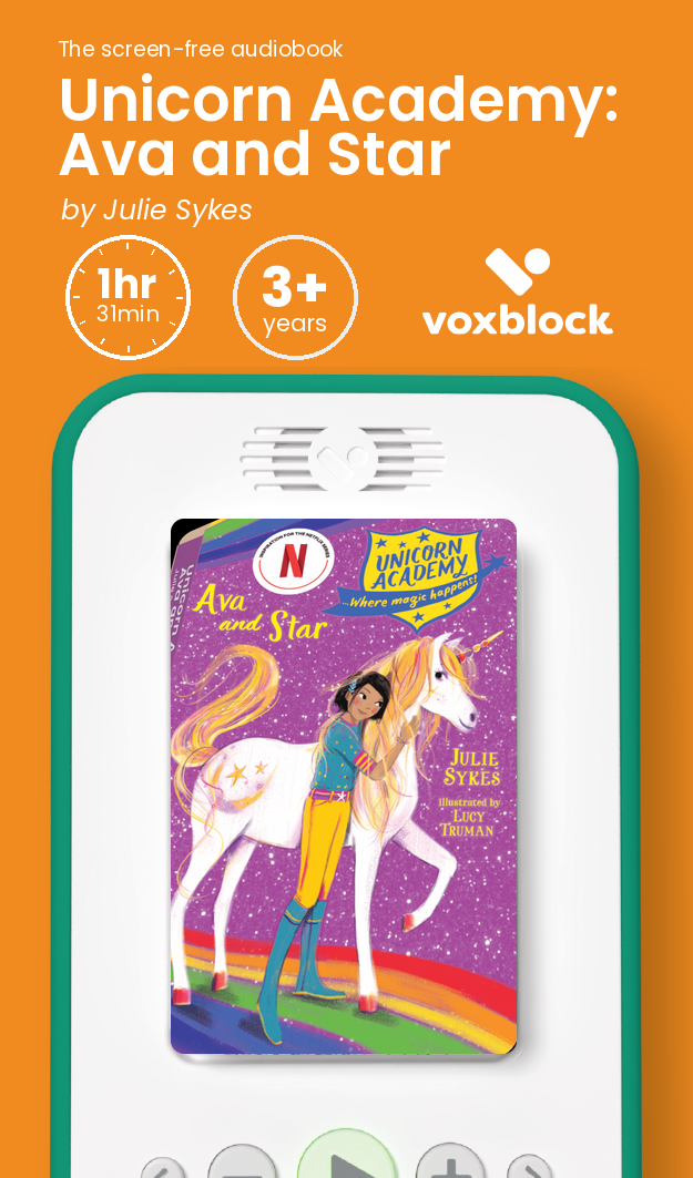Unicorn Academy: Ava and Star audiobook in a Voxblock player, with running time and age guidance
