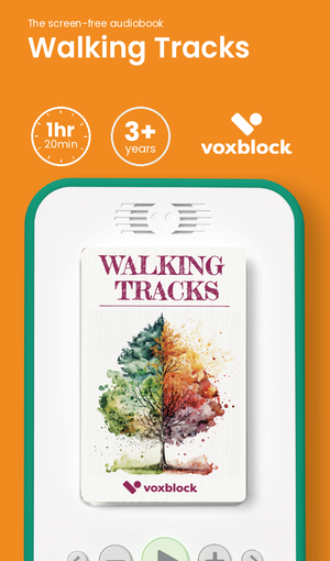 Walking Tracks audiobook in a Voxblock player, with running time and age guidance