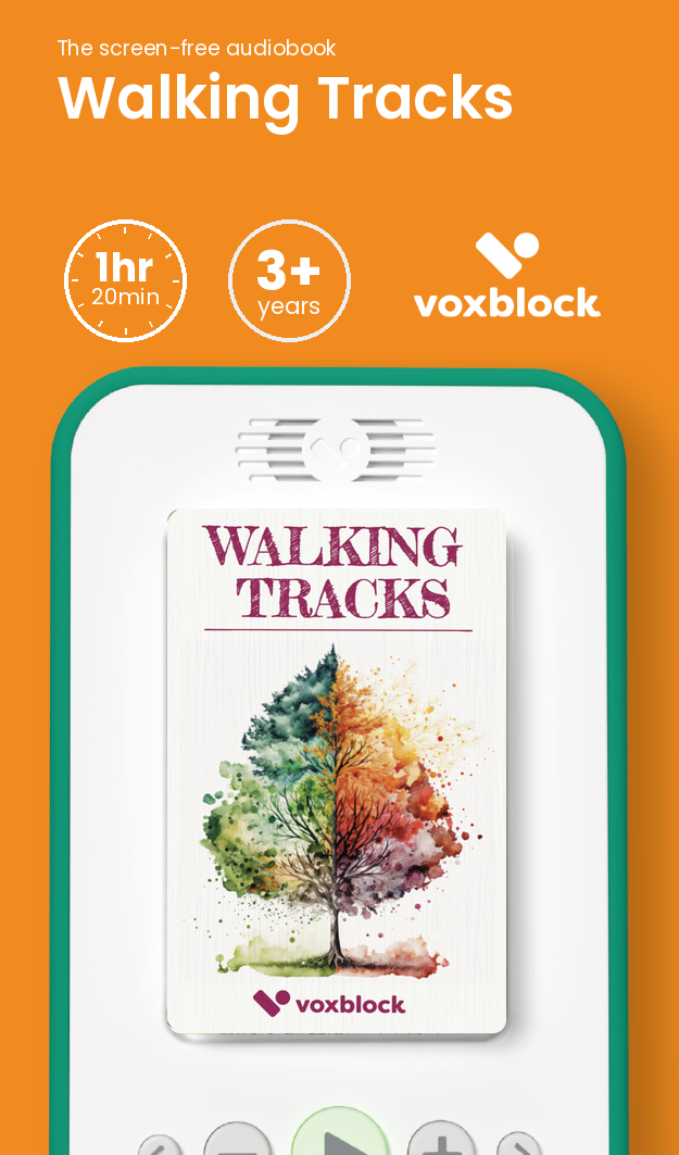 Walking Tracks audiobook in a Voxblock player, with running time and age guidance