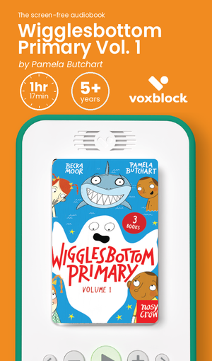 Wigglesbottom Primary Vol. 1 audiobook in a Voxblock player, with running time and age guidance
