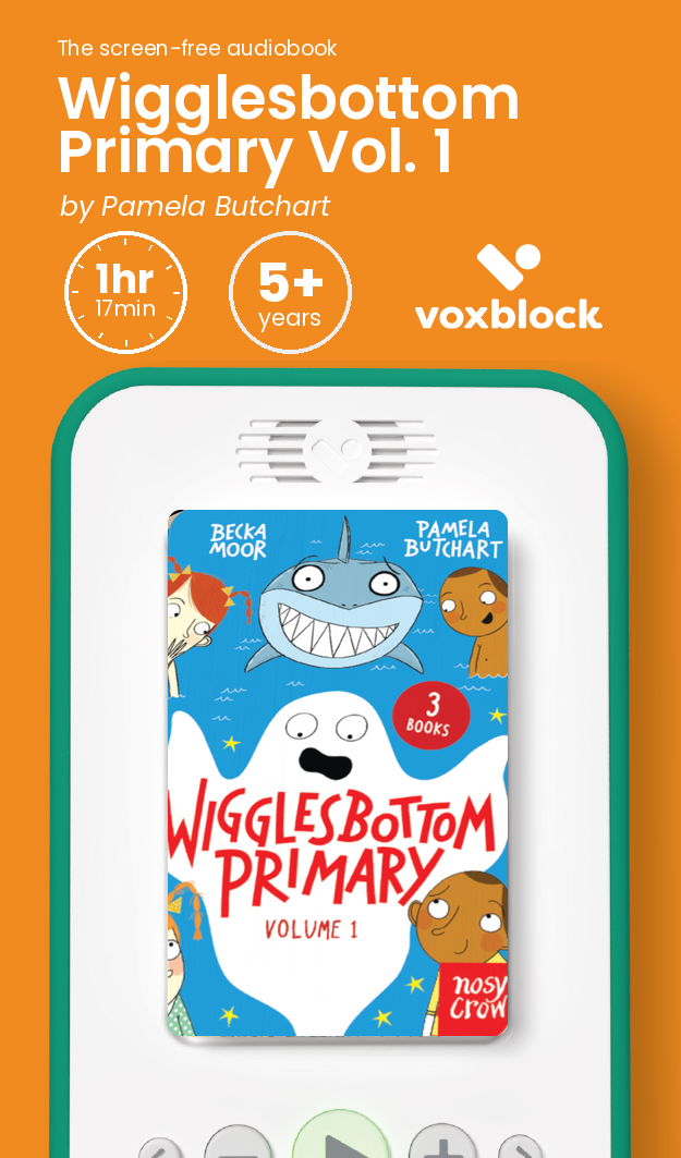 Wigglesbottom Primary Vol. 1 audiobook in a Voxblock player, with running time and age guidance
