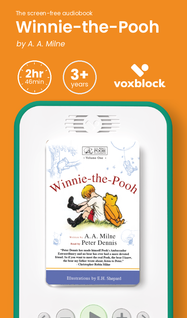 Winnie-the-Pooh audiobook in a Voxblock player, with running time and age guidance