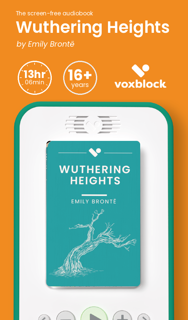 Wuthering Heights audiobook in a Voxblock player, with running time and age guidance