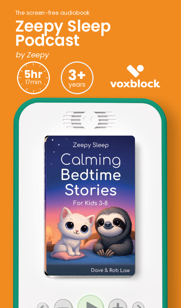Zeepy Sleep Podcast audiobook in a Voxblock player, with running time and age guidance