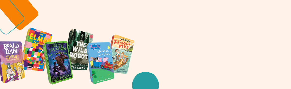 A row of children's book covers fanned out on a pale peach background, including titles such as Roald Dahl's Charlie and the Chocolate Factory, The Elmer Collection, The Wild Robot, and The Famous Five. The books are arranged diagonally with abstract orange and teal graphic shapes in the corners.