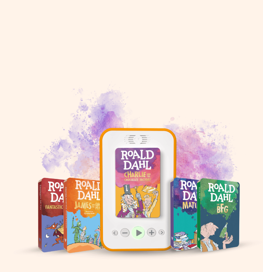 A promotional graphic for Roald Dahl audio books, featuring a central Voxblock player displaying Charlie and the Chocolate Factory and four colourful book covers for Roald Dahl's works on a light beige background with purple and pink paint splashes.