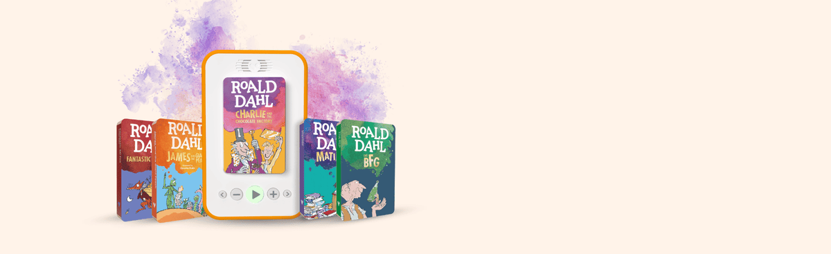 A promotional graphic for Roald Dahl audio books, featuring a central Voxblock player displaying Charlie and the Chocolate Factory and four colourful book covers for Roald Dahl's works on a light beige background with purple and pink paint splashes.