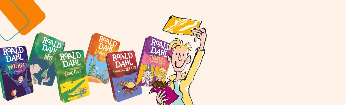 A row of Roald Dahl children's book covers fanned out on a light beige background, with a cartoon illustration of a blond boy (charlie buckett) holding a chocolate bar and a golden ticket in the upper right.