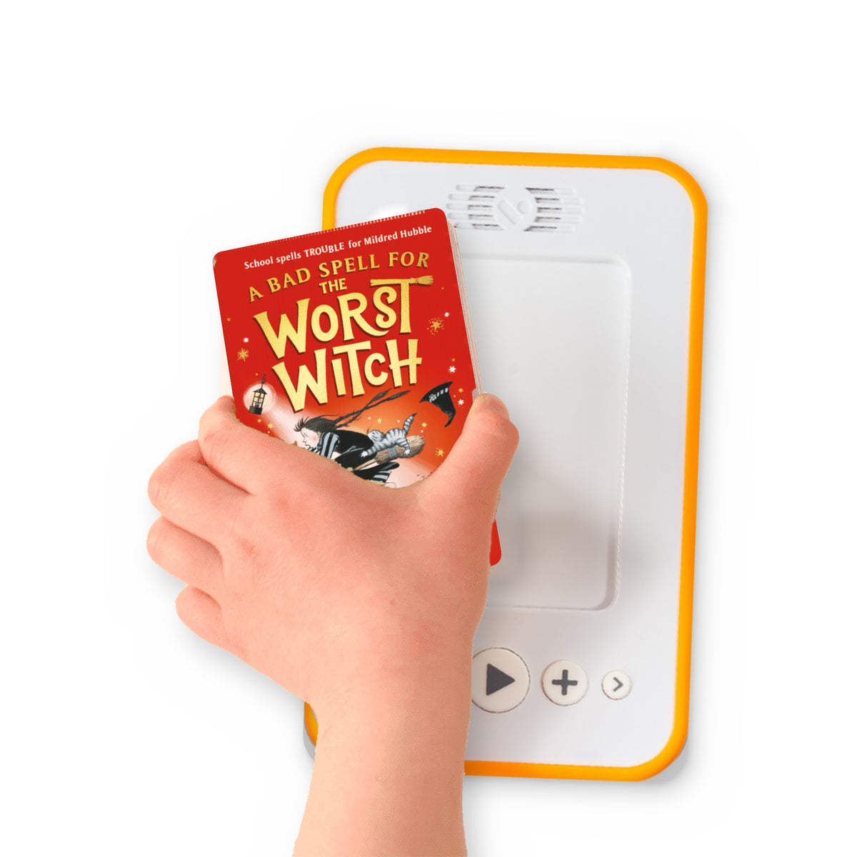 A hand holding the audiobook card for A Bad Spell for the Worst Witch beside a Voxblock audiobook player