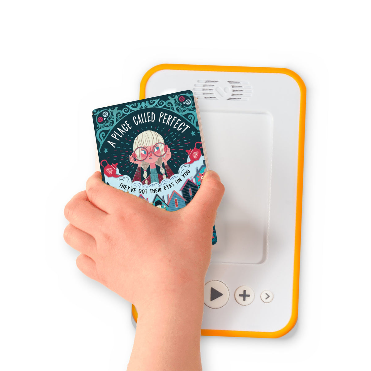 A hand holding the audiobook card for A Place Called Perfect beside a Voxblock audiobook player