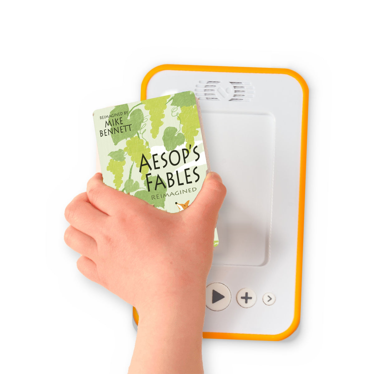 A hand holding the audiobook card for Aesop's Fables Reimagined beside a Voxblock audiobook player