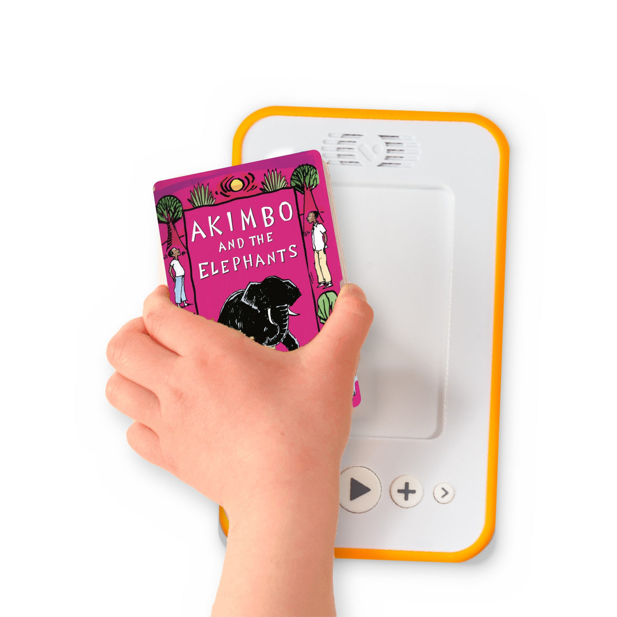 A hand holding the audiobook card for Akimbo and the Elephants beside a Voxblock audiobook player