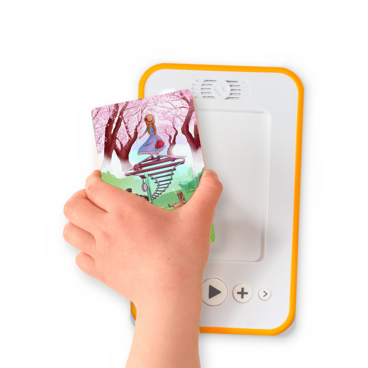 A hand holding the audiobook card for Anne of Green Gables beside a Voxblock audiobook player
