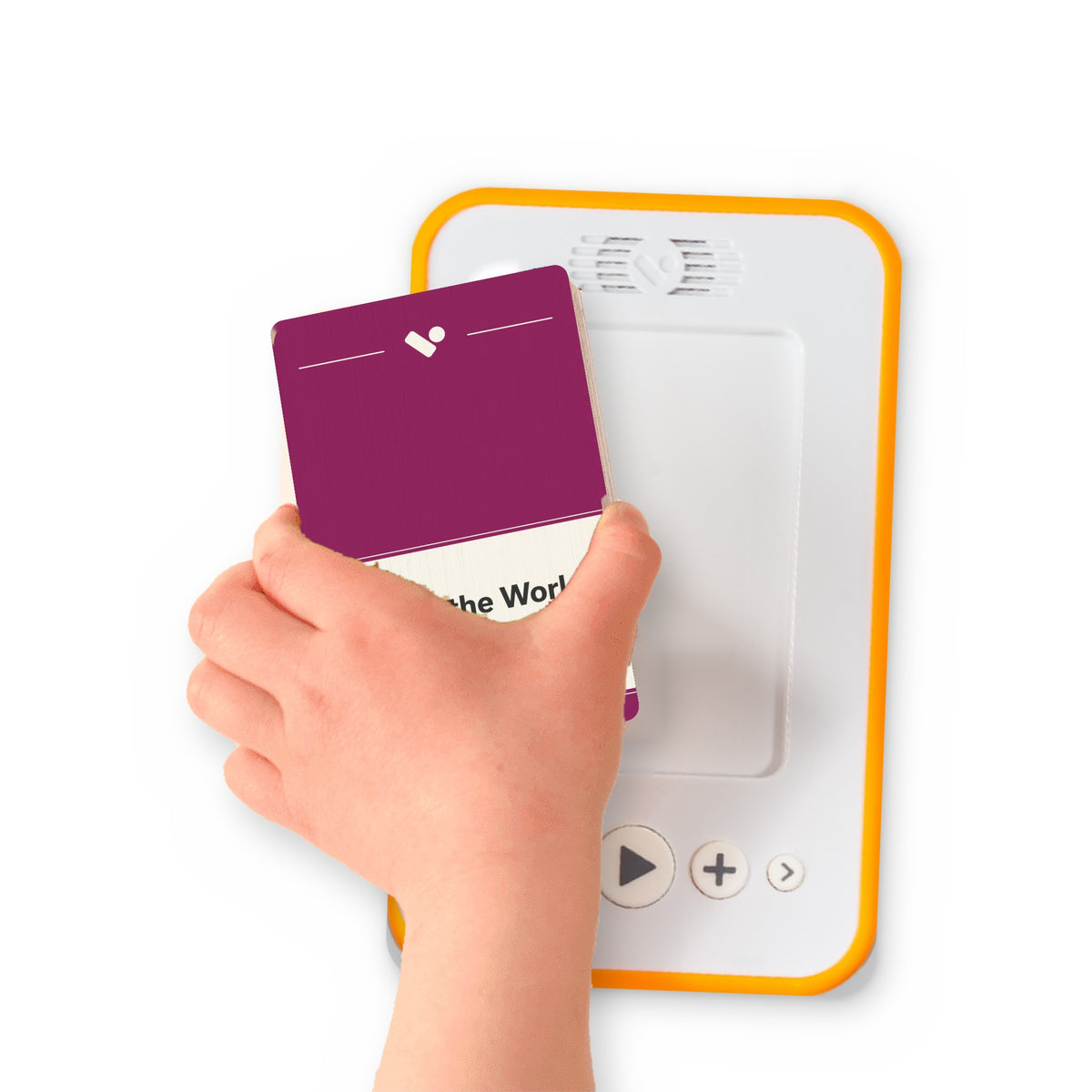 A hand holding the audiobook card for Around the World in Eighty Days beside a Voxblock audiobook player