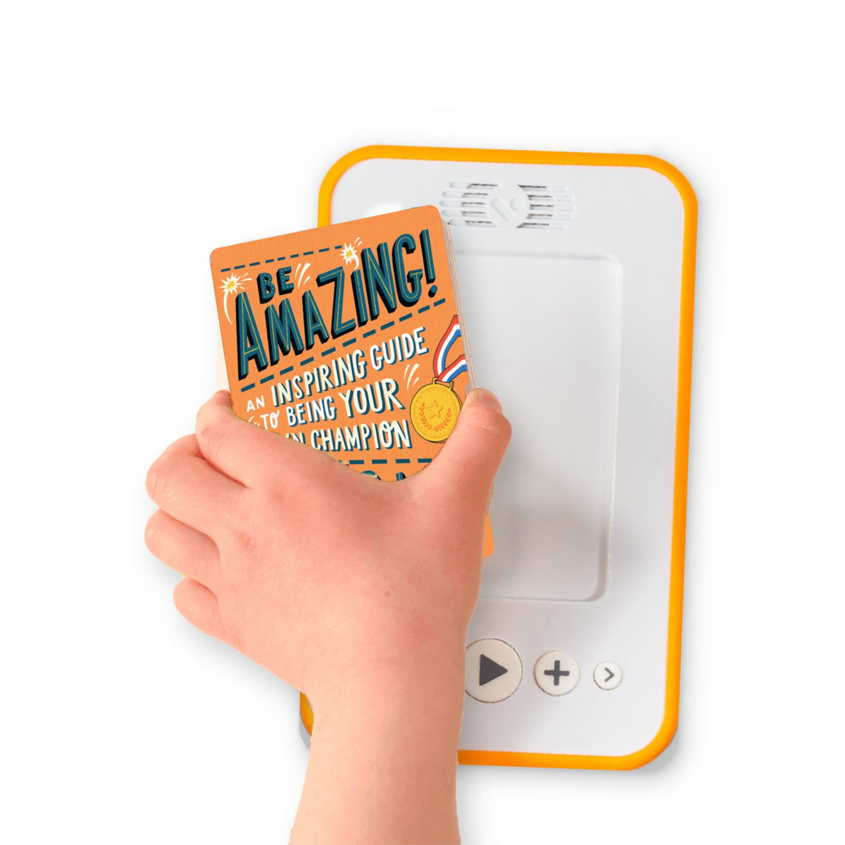 A hand holding the audiobook card for Be Amazing beside a Voxblock audiobook player