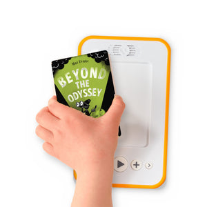 A hand holding the audiobook card for Beyond The Odyssey beside a Voxblock audiobook player