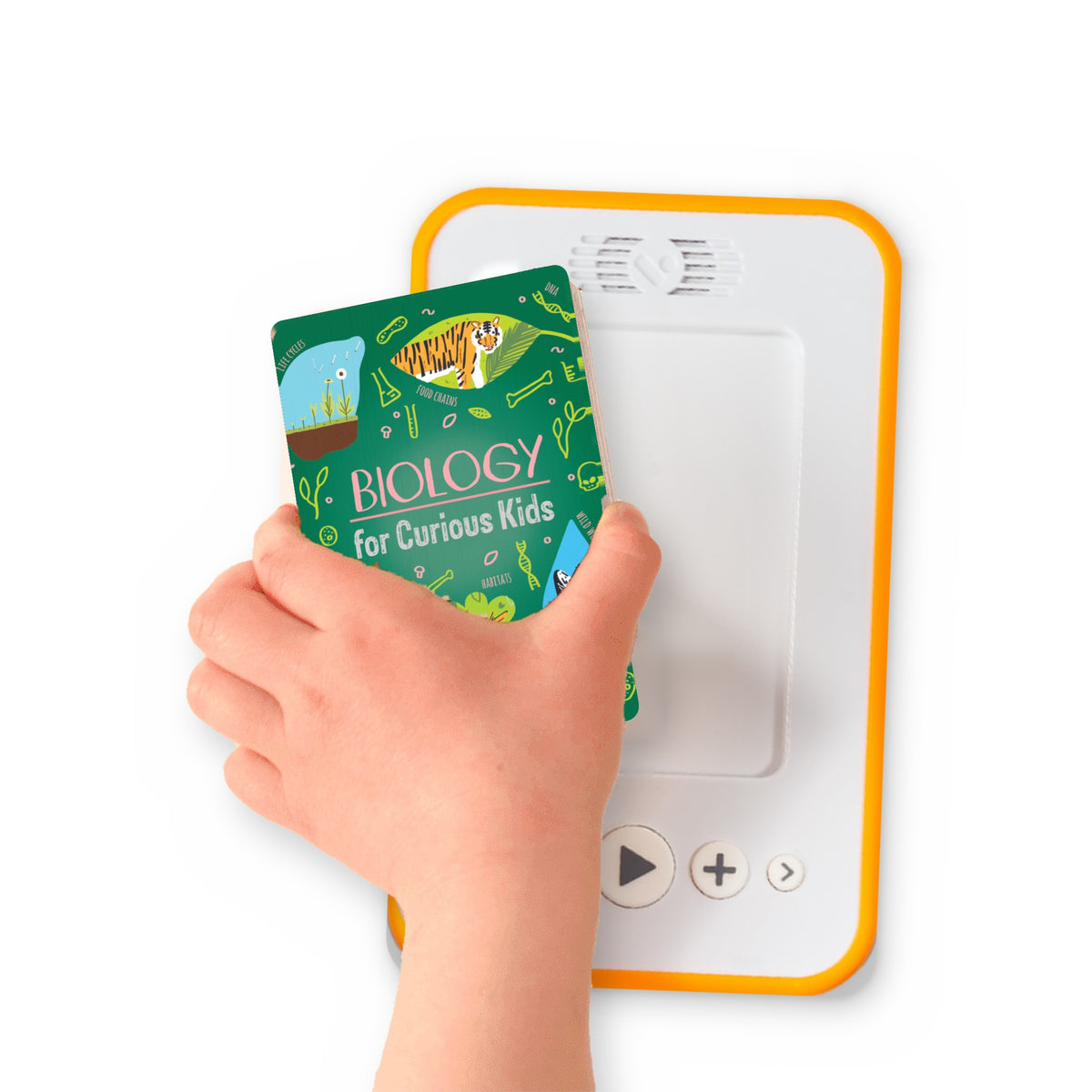 A hand holding the audiobook card for Biology for Curious Kids beside a Voxblock audiobook player